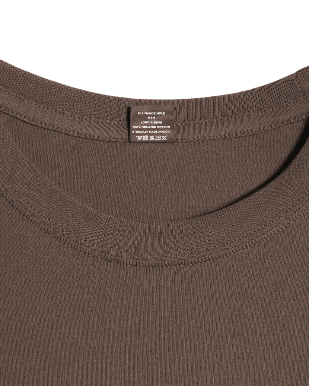 A close up of a neck label in a men's dark khaki long sleeve crew neck organic cotton t shirt.