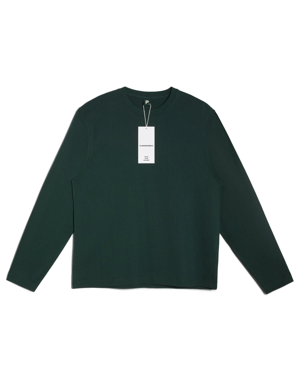 A flatlay of a men's plain green long sleeve crew neck organic cotton t shirt.