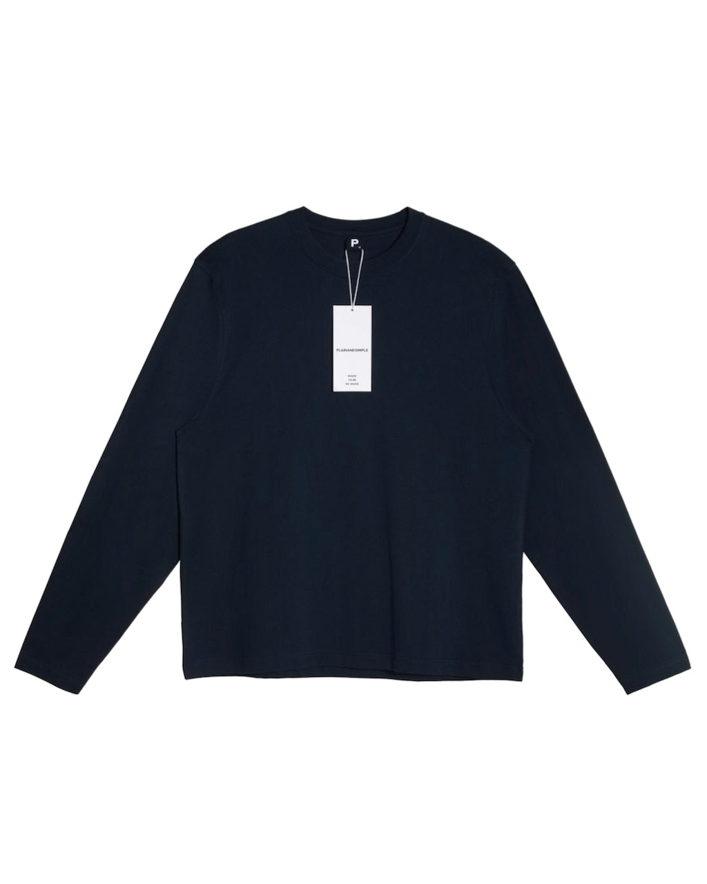 A flatlay of a men's plain navy long sleeve crew neck organic cotton t shirt.