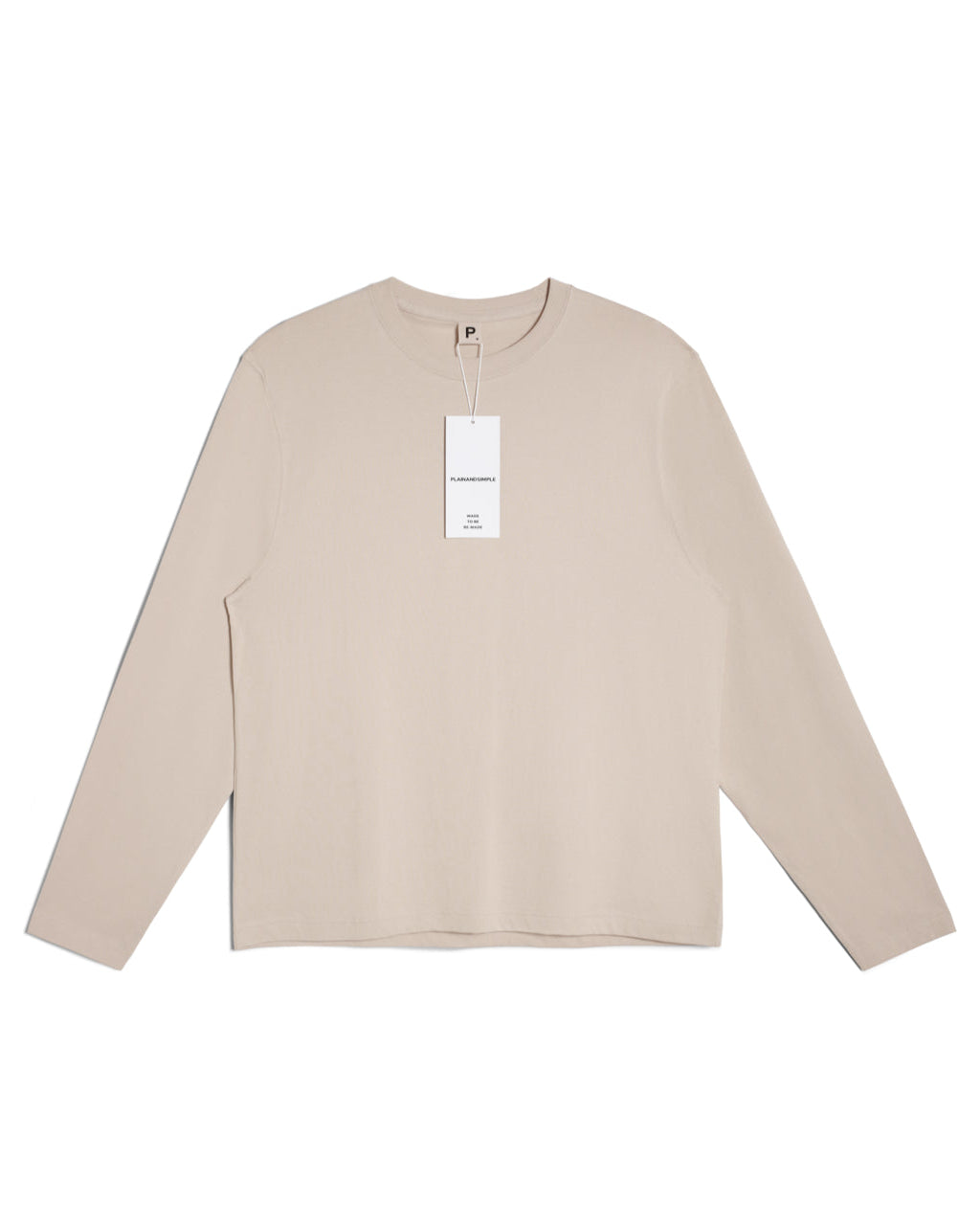 A flatlay of a men's plain stone long sleeve crew neck organic cotton t shirt.