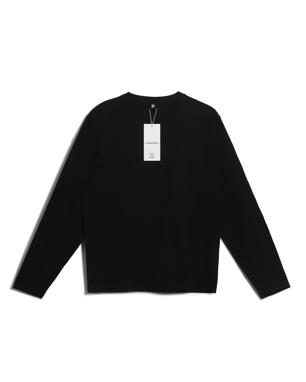 A flatlay of a men's plain black long sleeve crew neck organic cotton t shirt.