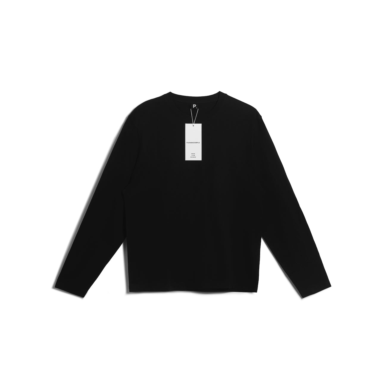 A flatlay of a men's plain black long sleeve crew neck organic cotton t shirt.