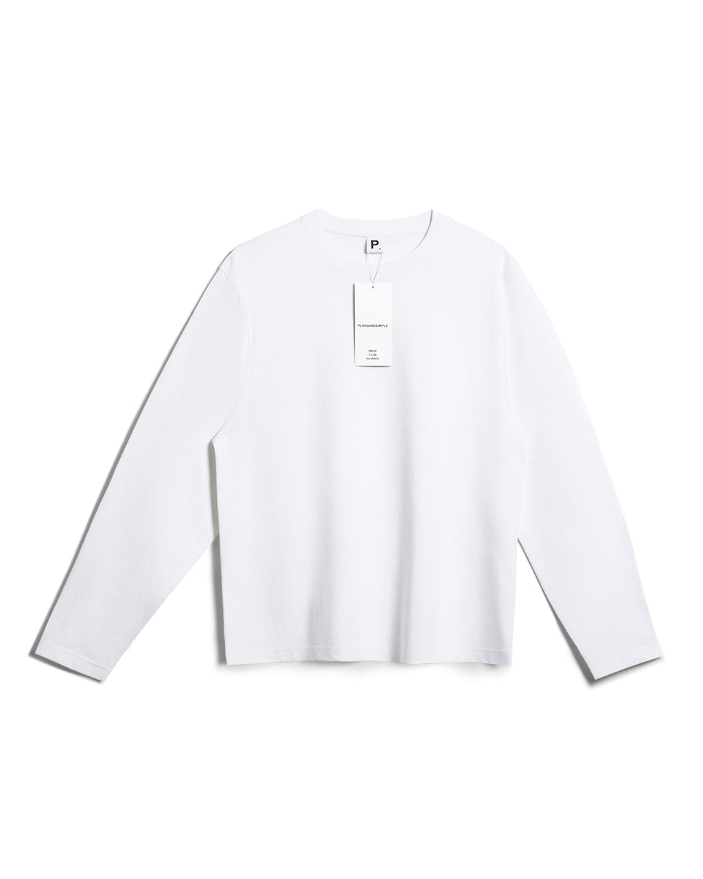 A flatlay of a men's plain white long sleeve crew neck organic cotton t shirt.
