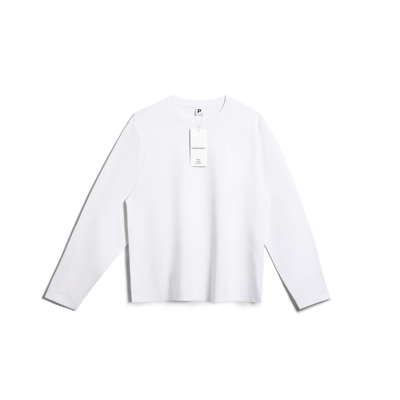 A flatlay of a men's plain white long sleeve crew neck organic cotton t shirt.