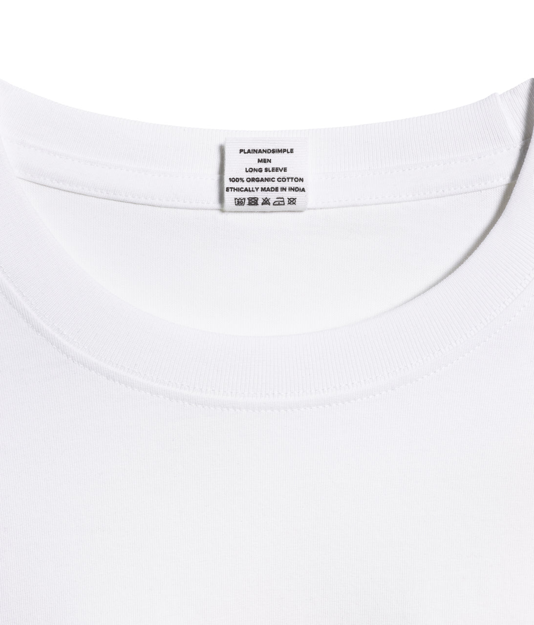 A close up of an neck label in a men's white long sleeve crew neck organic cotton t shirt.