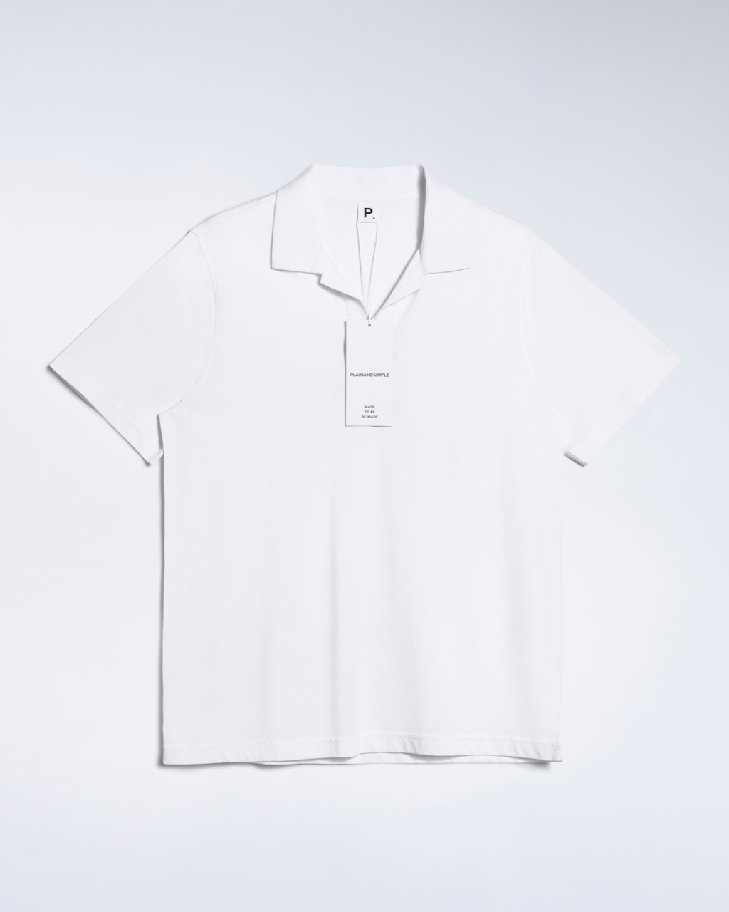 A flatly of a white, open neck, organic cotton polo shirt.