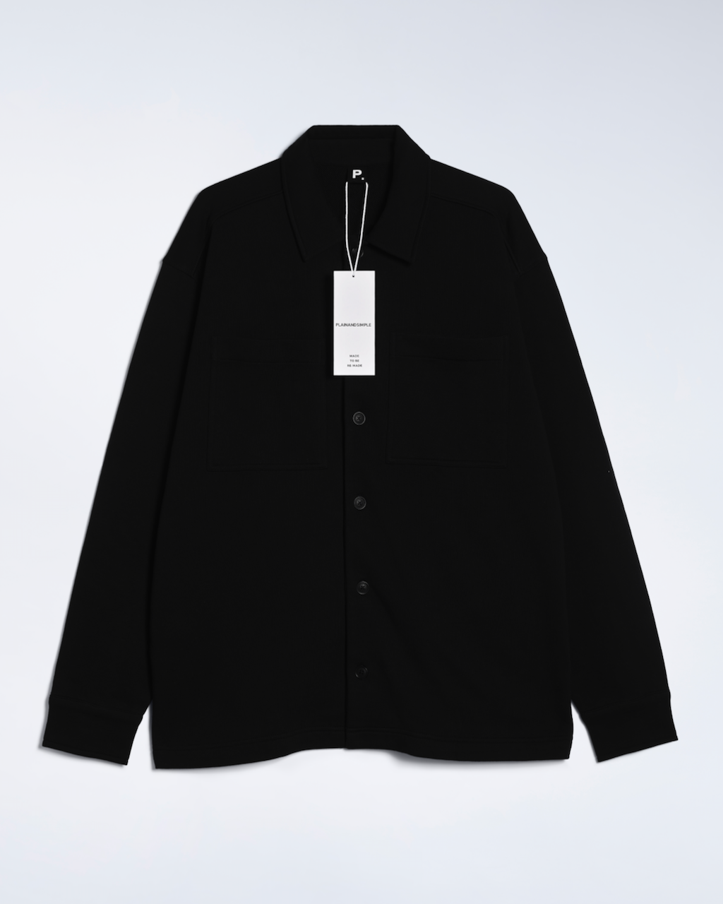 A flatlay of a black, organic cotton overshirt.