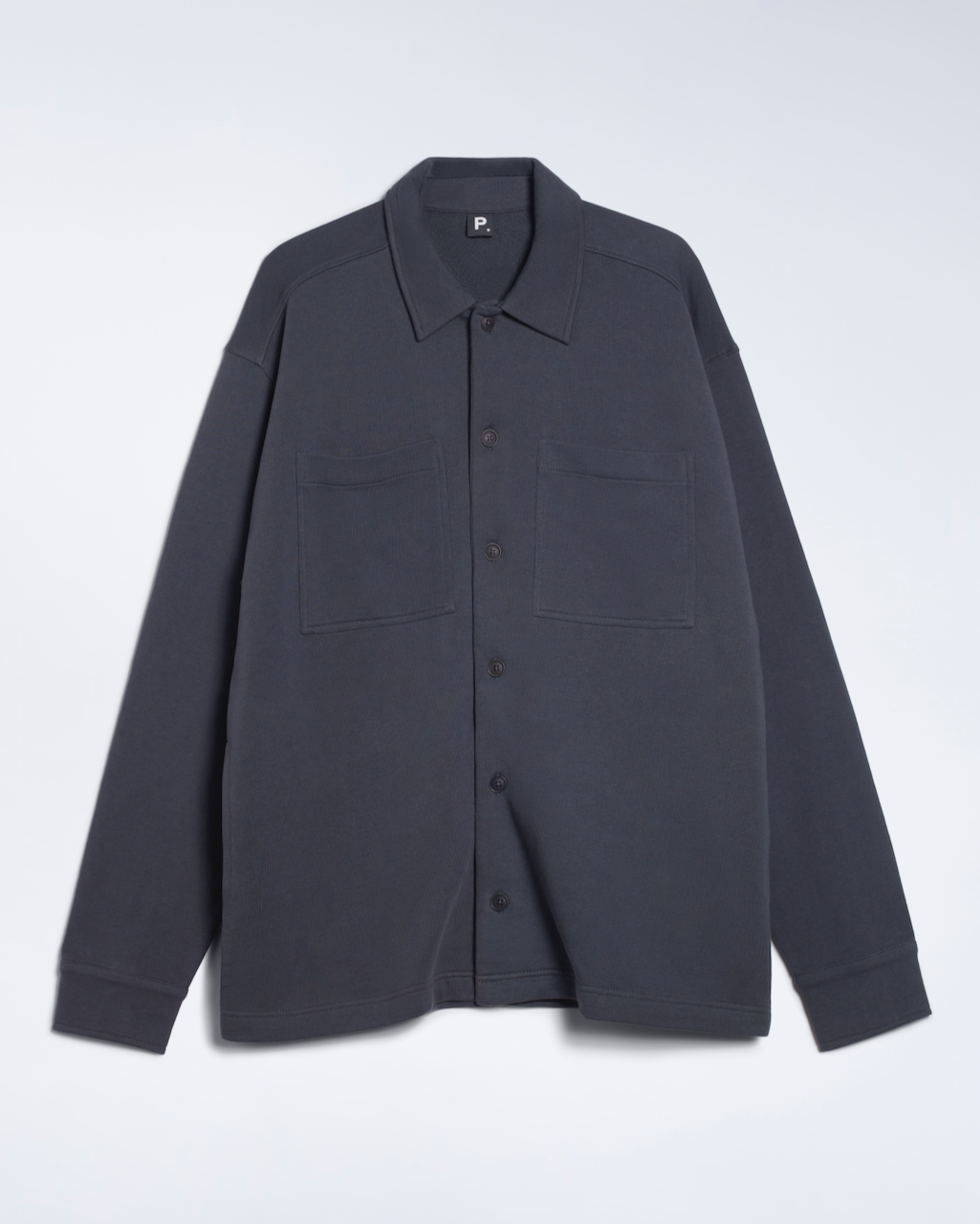 A flatlay of a dark grey, organic cotton overshirt.