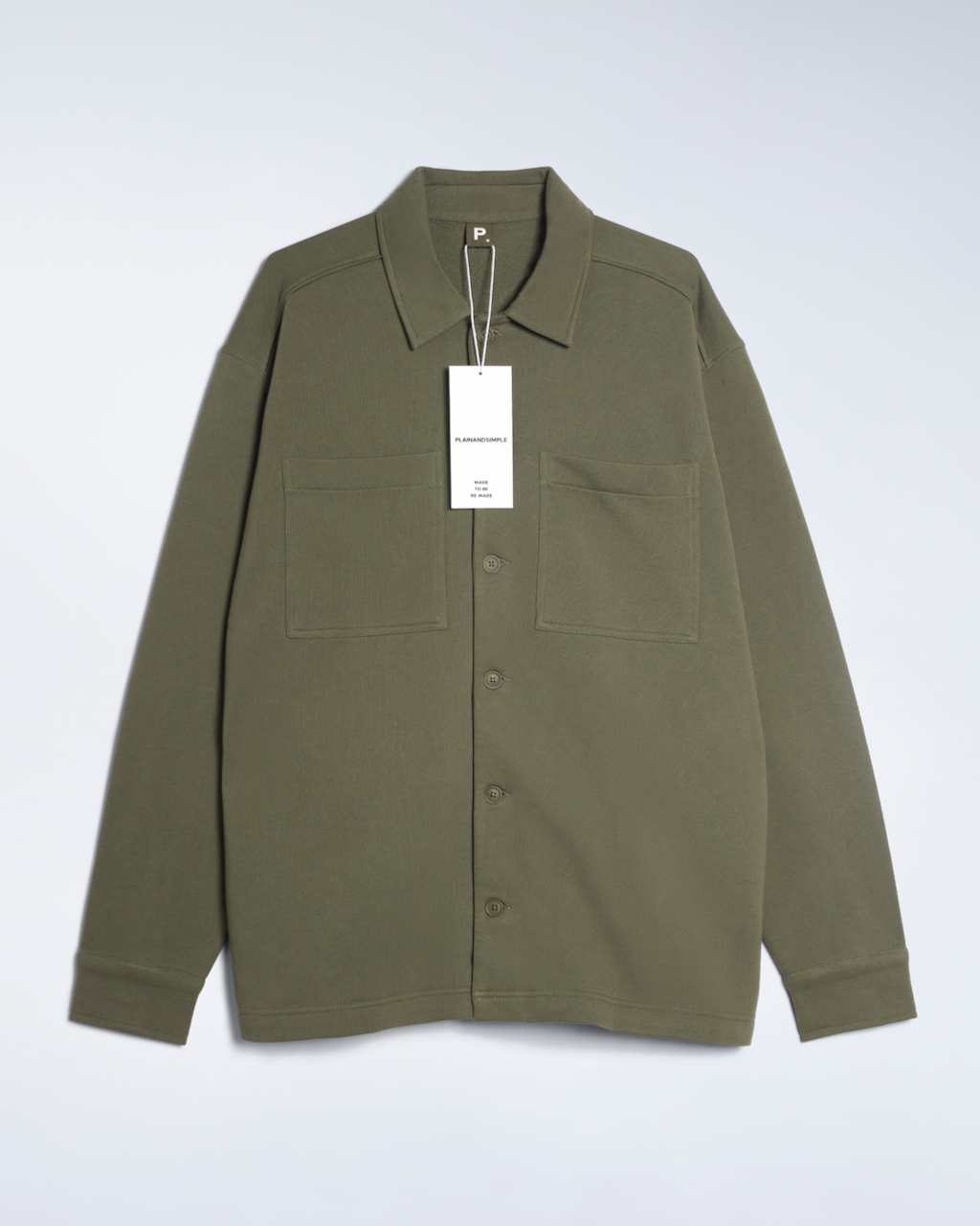 A flatlay of a olive, organic cotton overshirt.