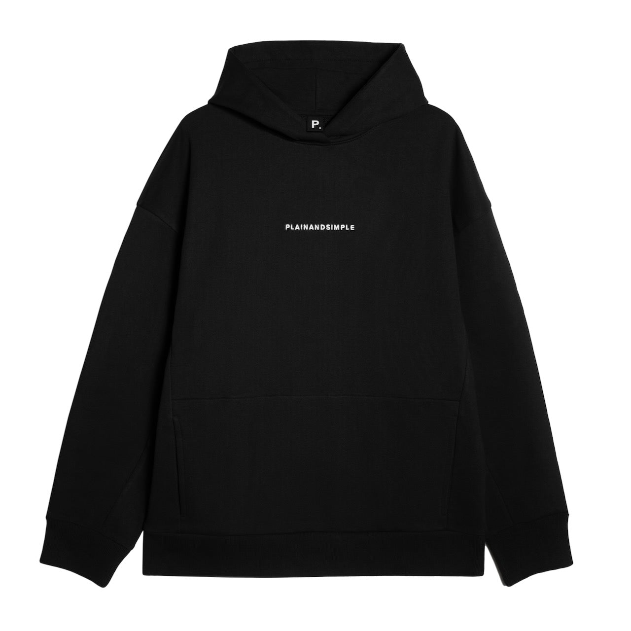 A flatlay of a men's branded black oversized heavyweight organic cotton hoodie.
