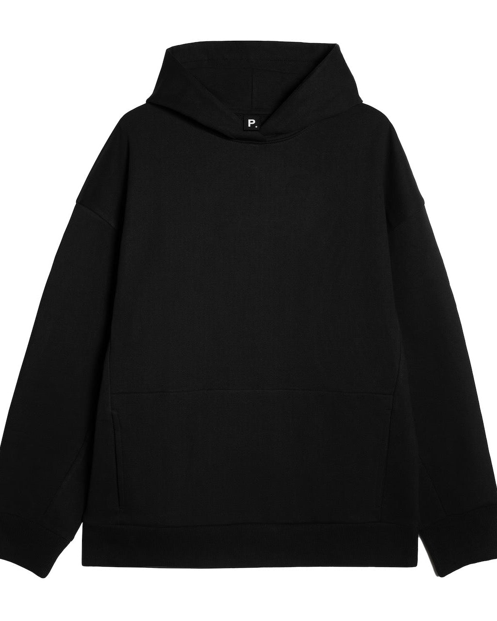 A flatlay of a men's black oversized heavyweight organic cotton hoodie.