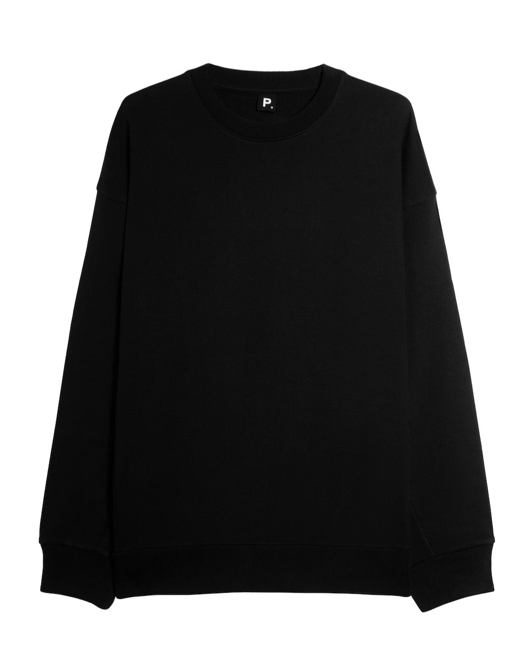 A flatlay of a men's black oversized heavyweight organic cotton sweatshirt.