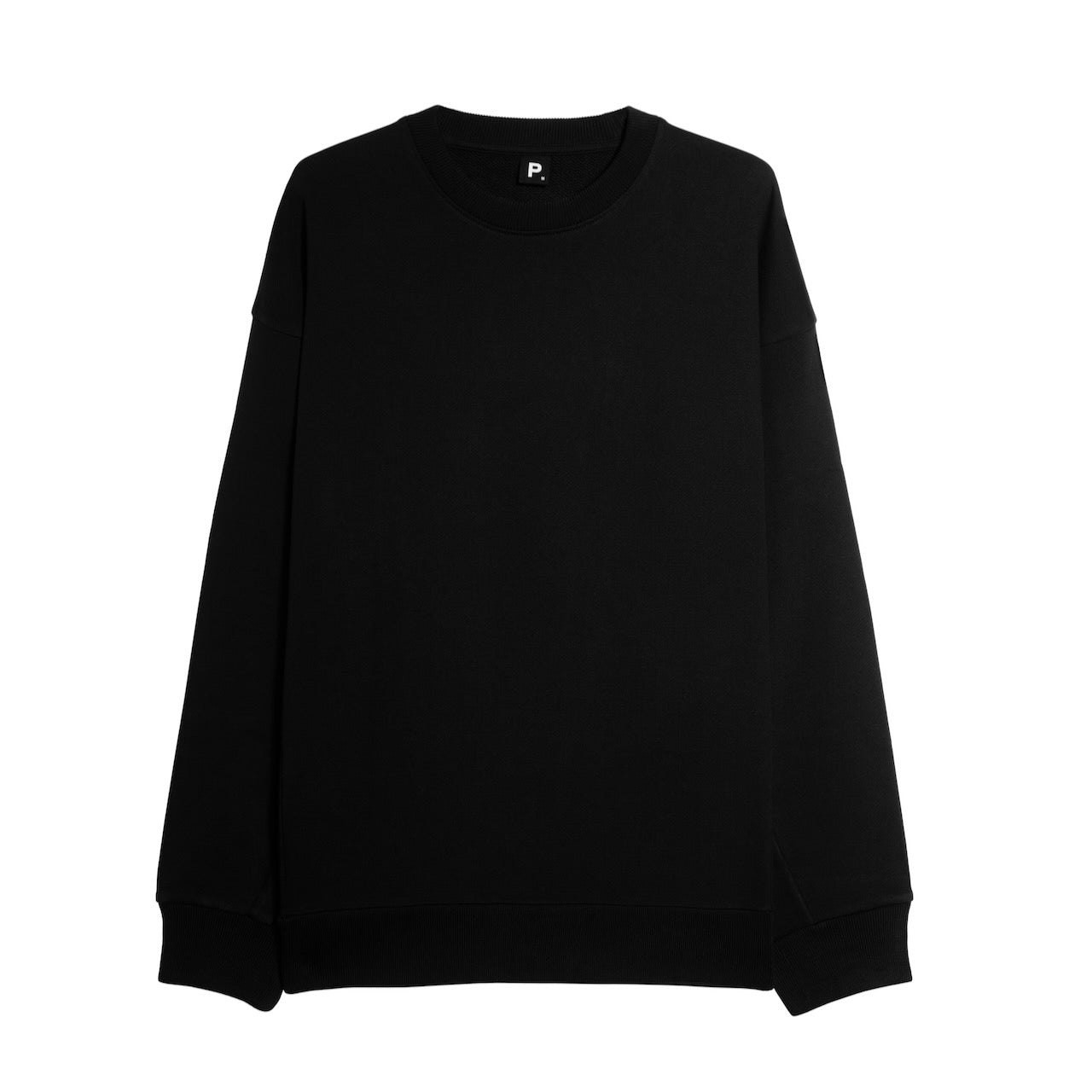 A flatlay of a men's black oversized heavyweight organic cotton sweatshirt.
