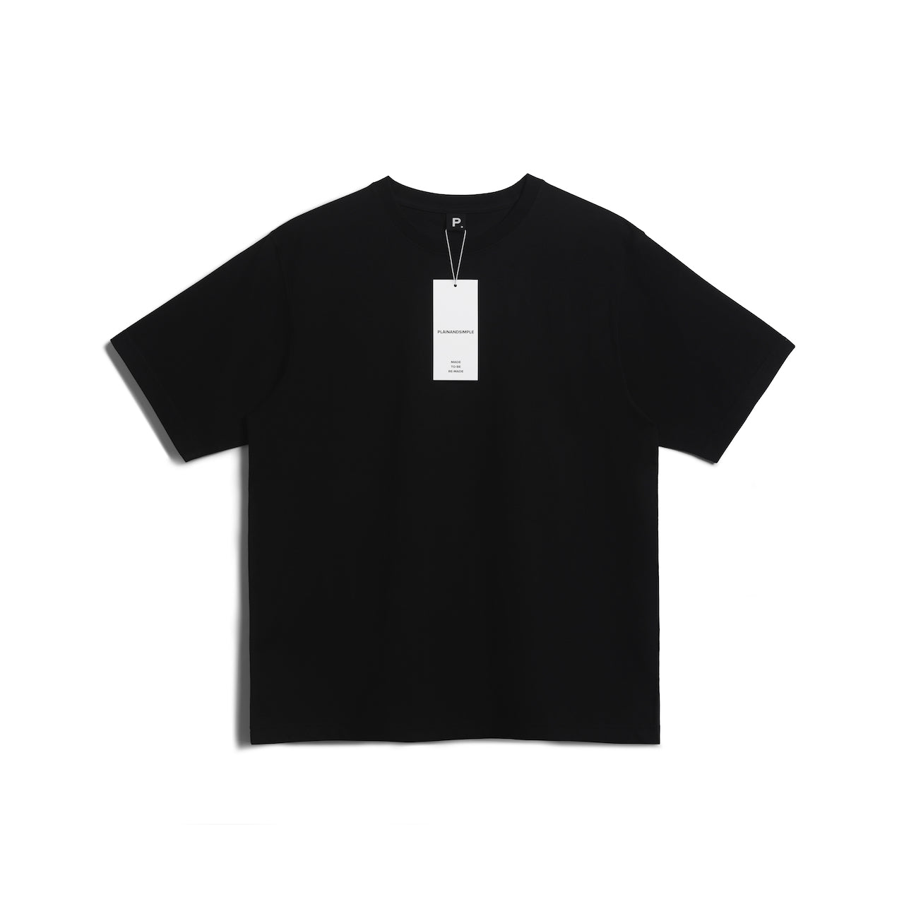 A flatlay of a men's plain black oversized heavyweight organic cotton t shirt.