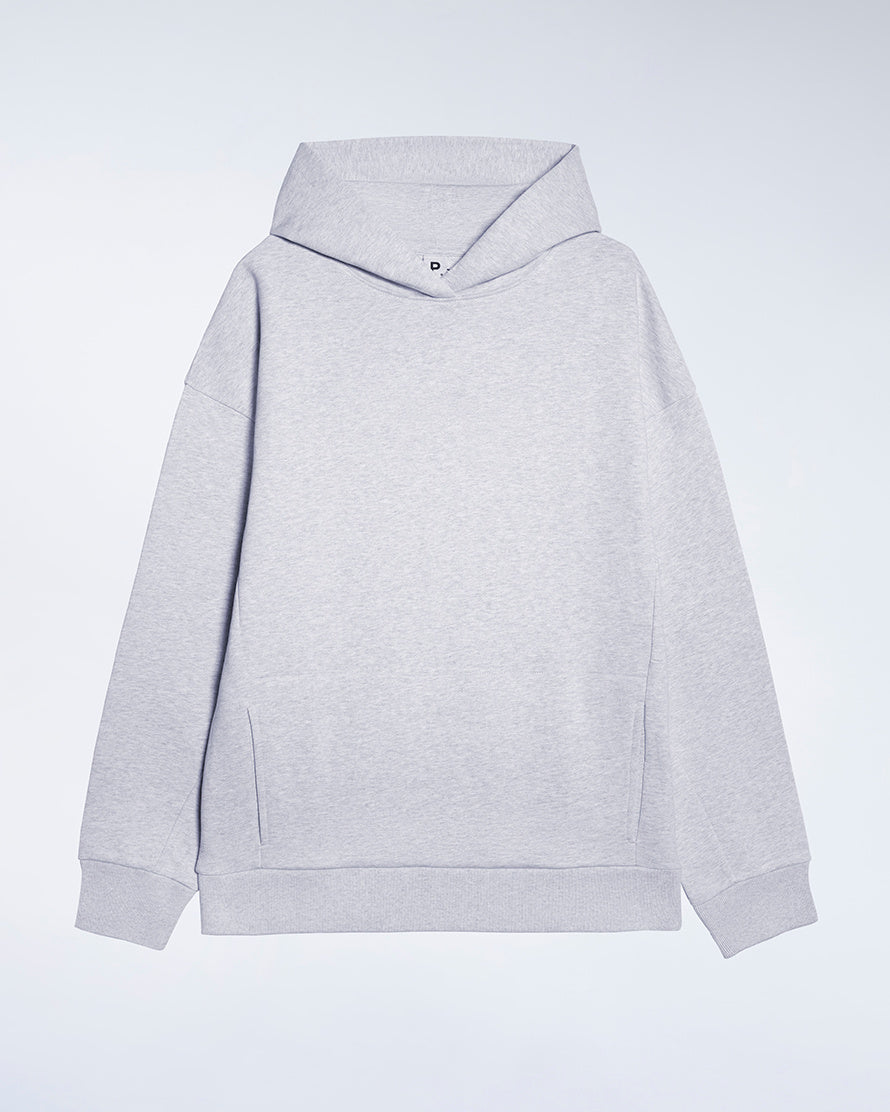 A flatlay of a men's, oversized, grey organic cotton hoodie.