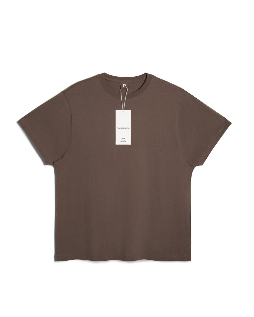 A flatlay of a men's plain dark khaki short sleeve crew neck organic cotton t shirt.