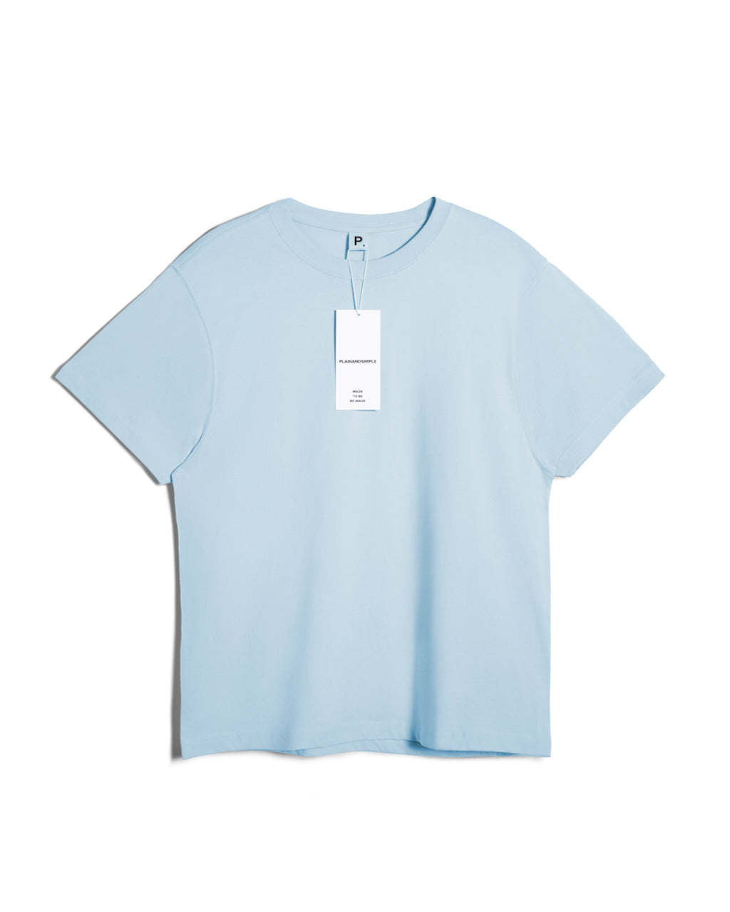 A flatlay of a men's plain light blue short sleeve crew neck organic cotton t shirt.