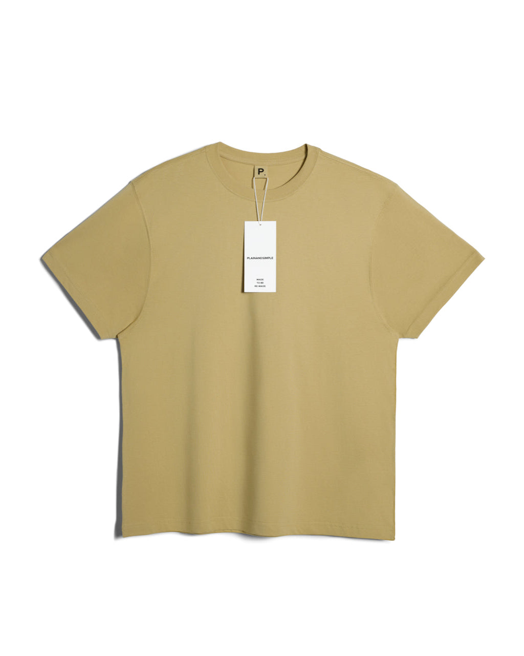 A flatlay of a men's plain light khaki short sleeve crew neck organic cotton t shirt.