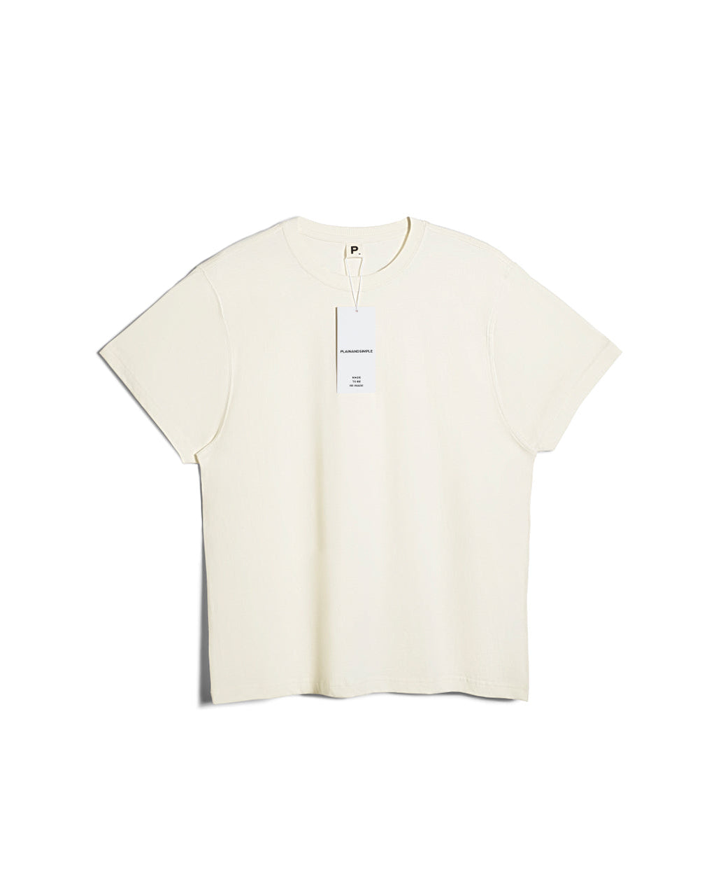 A flatlay of a men's plain ecru short sleeve crew neck organic cotton t shirt.