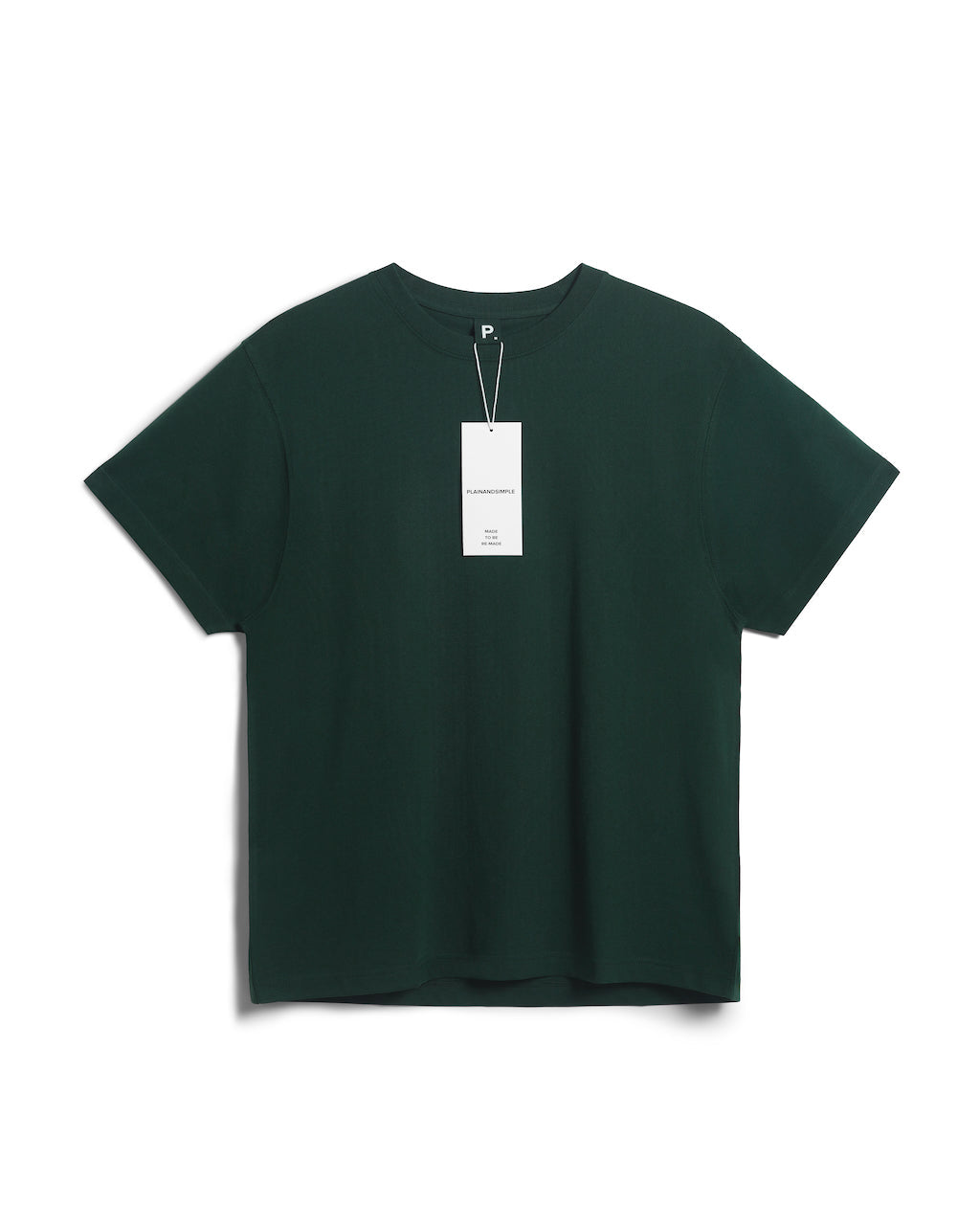 A flatlay of a men's plain green short sleeve crew neck organic cotton t shirt.