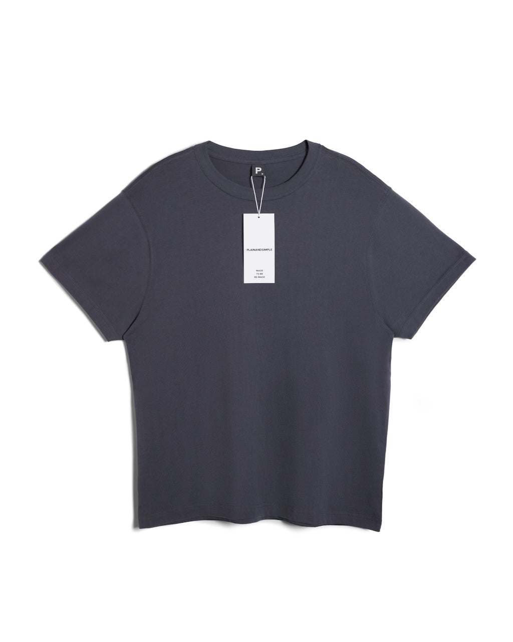 A flatlay of a men's plain dark grey short sleeve crew neck organic cotton t shirt.