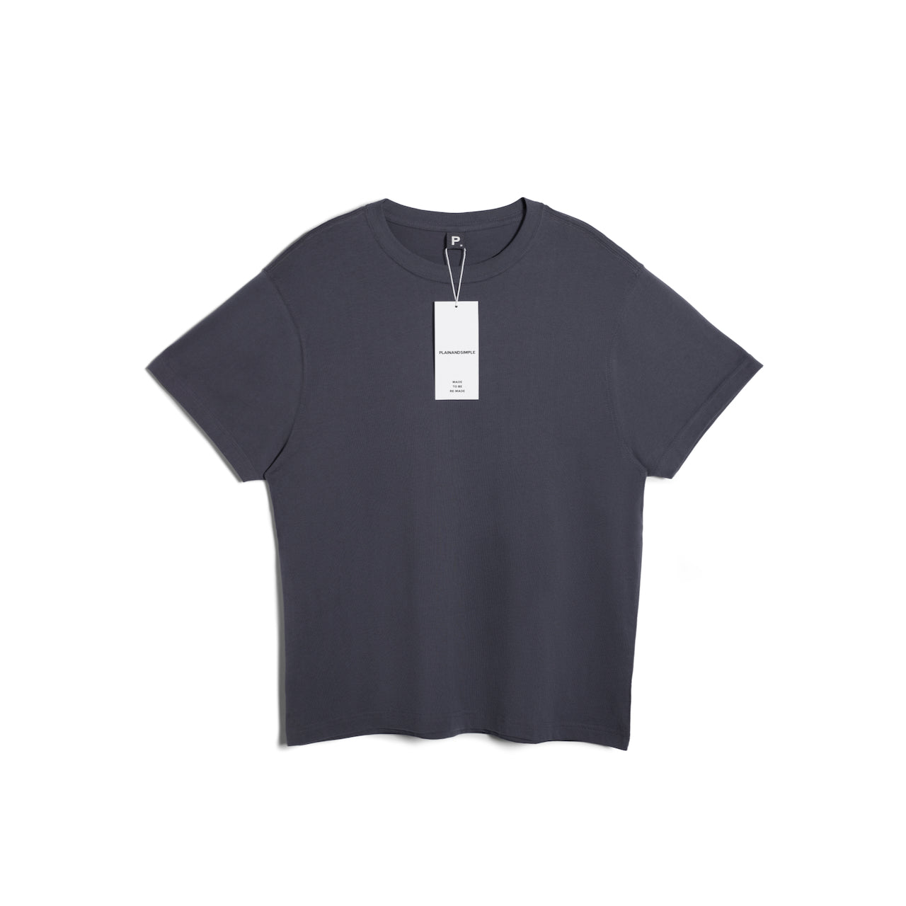 A flatlay of a men's plain dark grey short sleeve crew neck organic cotton t shirt.