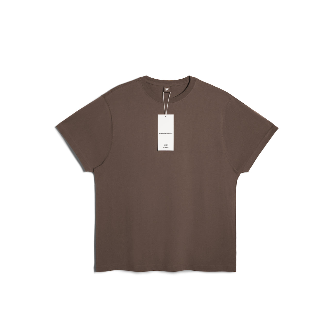 A flatlay of a men's plain dark khaki short sleeve crew neck organic cotton t shirt.