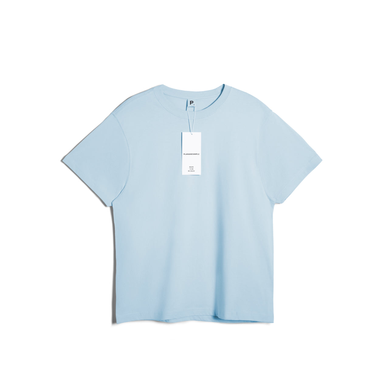 A flatlay of a men's plain light blue short sleeve crew neck organic cotton t shirt.