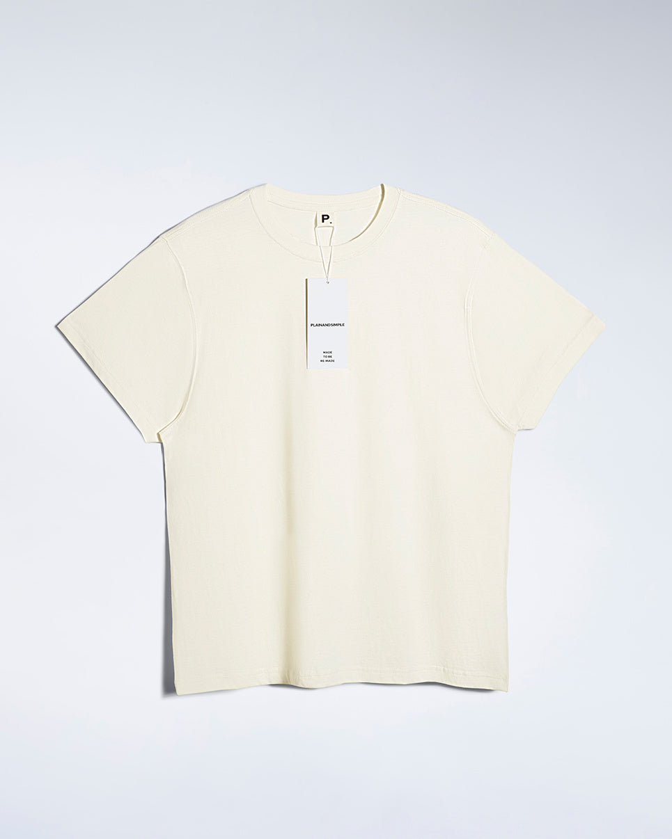 A flatlay of a men's ecru, premium weight, organic cotton t shirt.