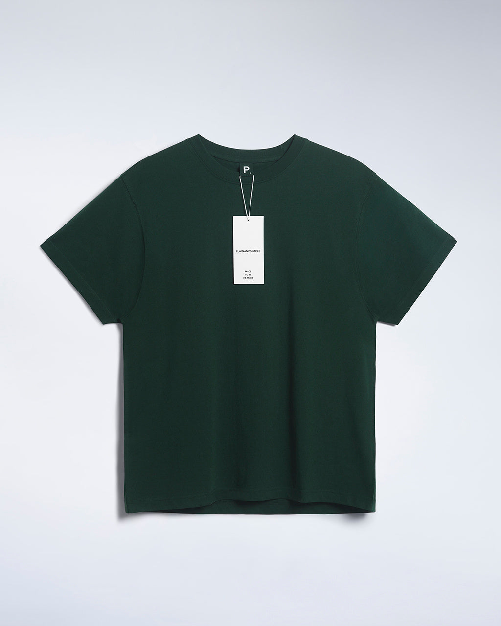 A flatlay of a men's green, premium weight, organic cotton t shirt.