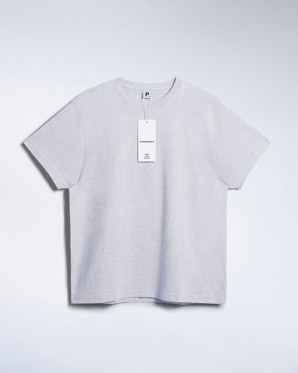 A flatlay of a men's grey, premium weight, organic cotton t shirt.