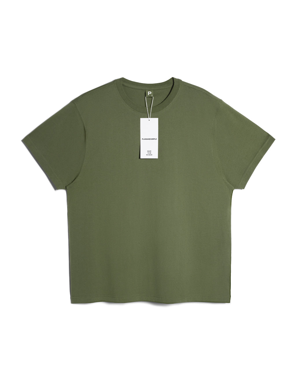 A flatlay of a men's plain khaki green short sleeve crew neck organic cotton t shirt.