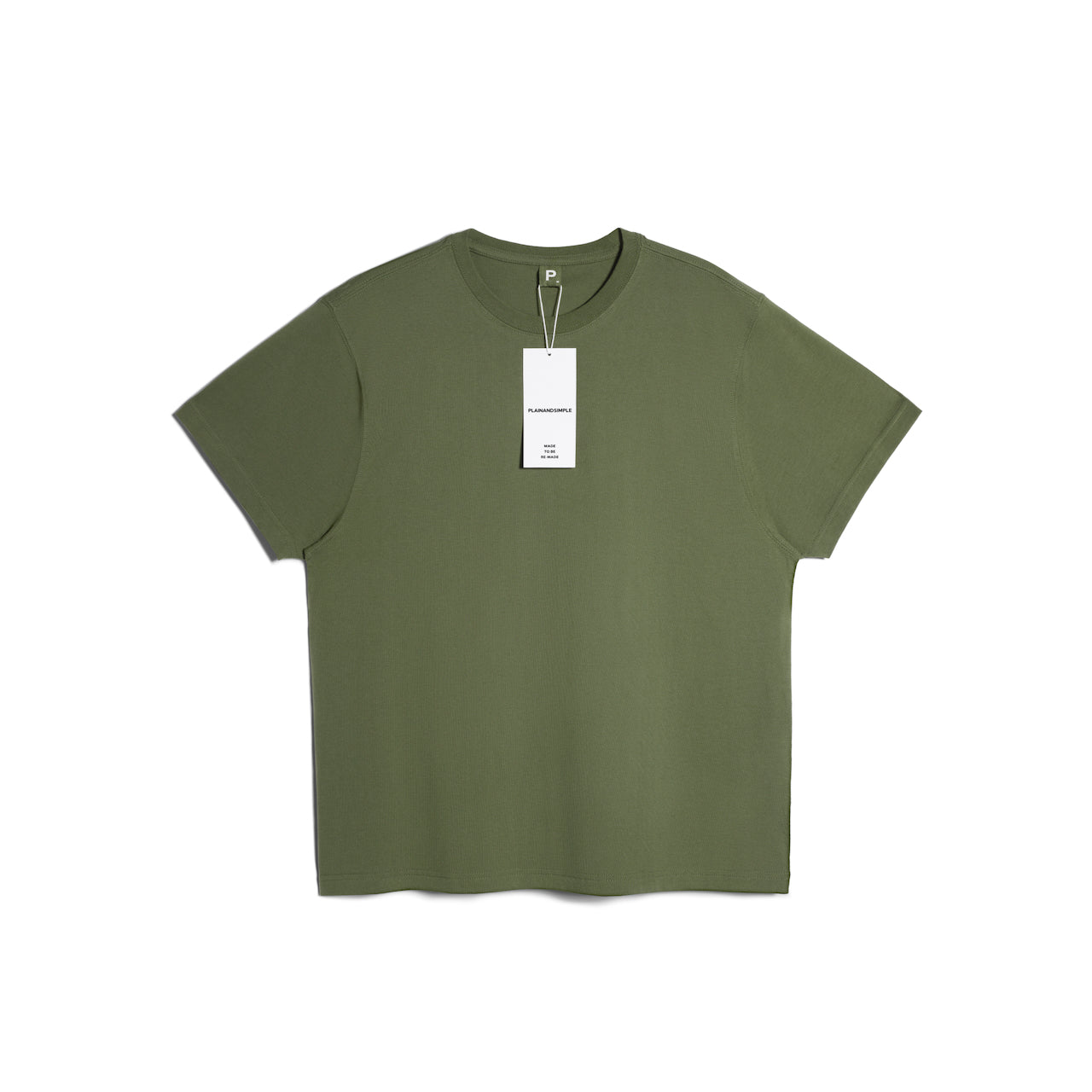 A flatlay of a men's plain khaki green short sleeve crew neck organic cotton t shirt.