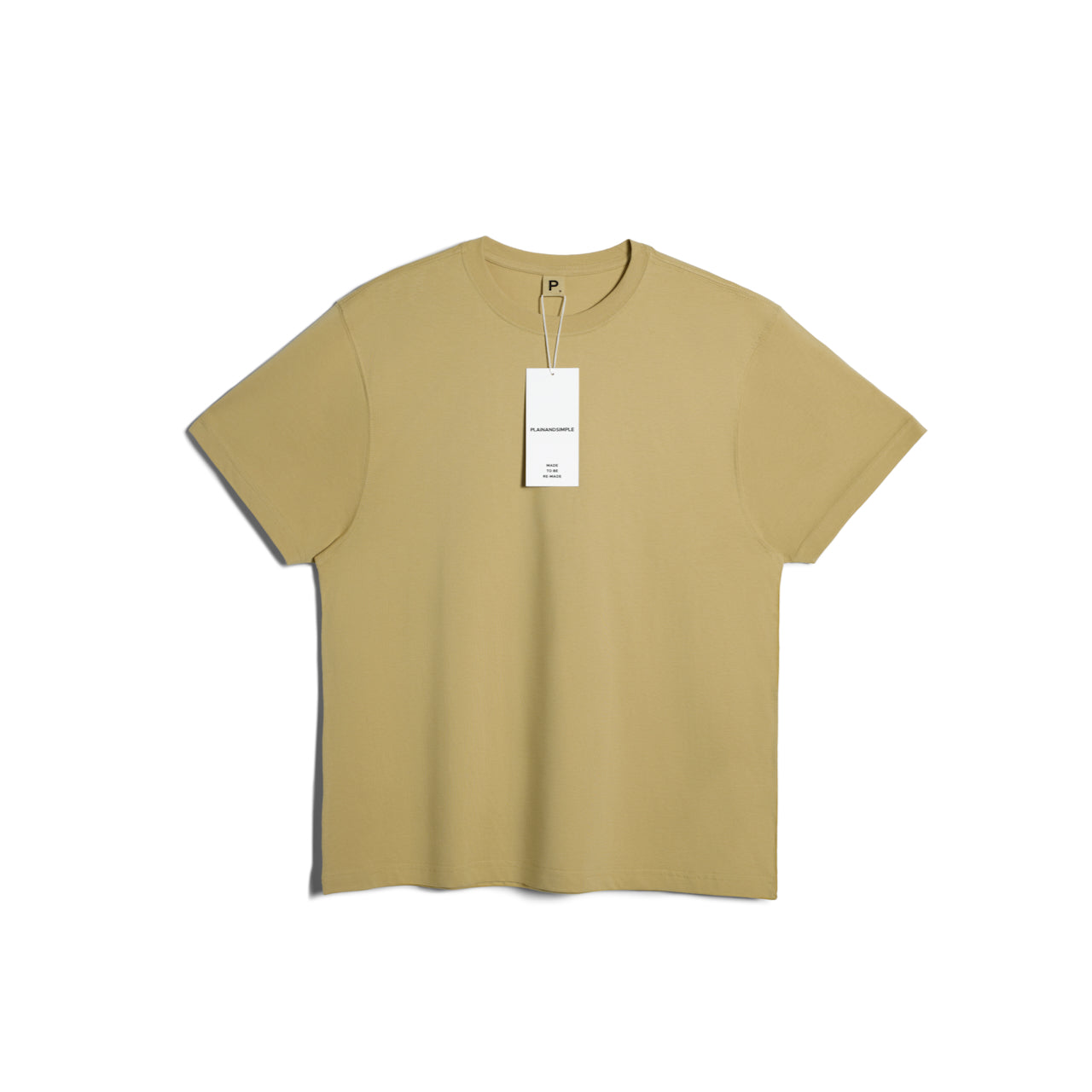 A flatlay of a men's plain light khaki short sleeve crew neck organic cotton t shirt.