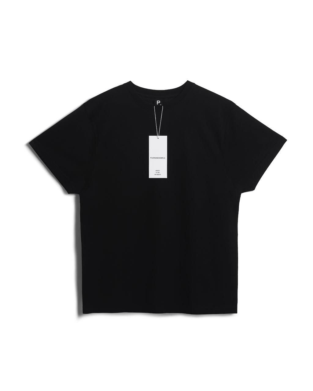 A flatlay of a men's plain black short sleeve crew neck organic cotton t shirt.