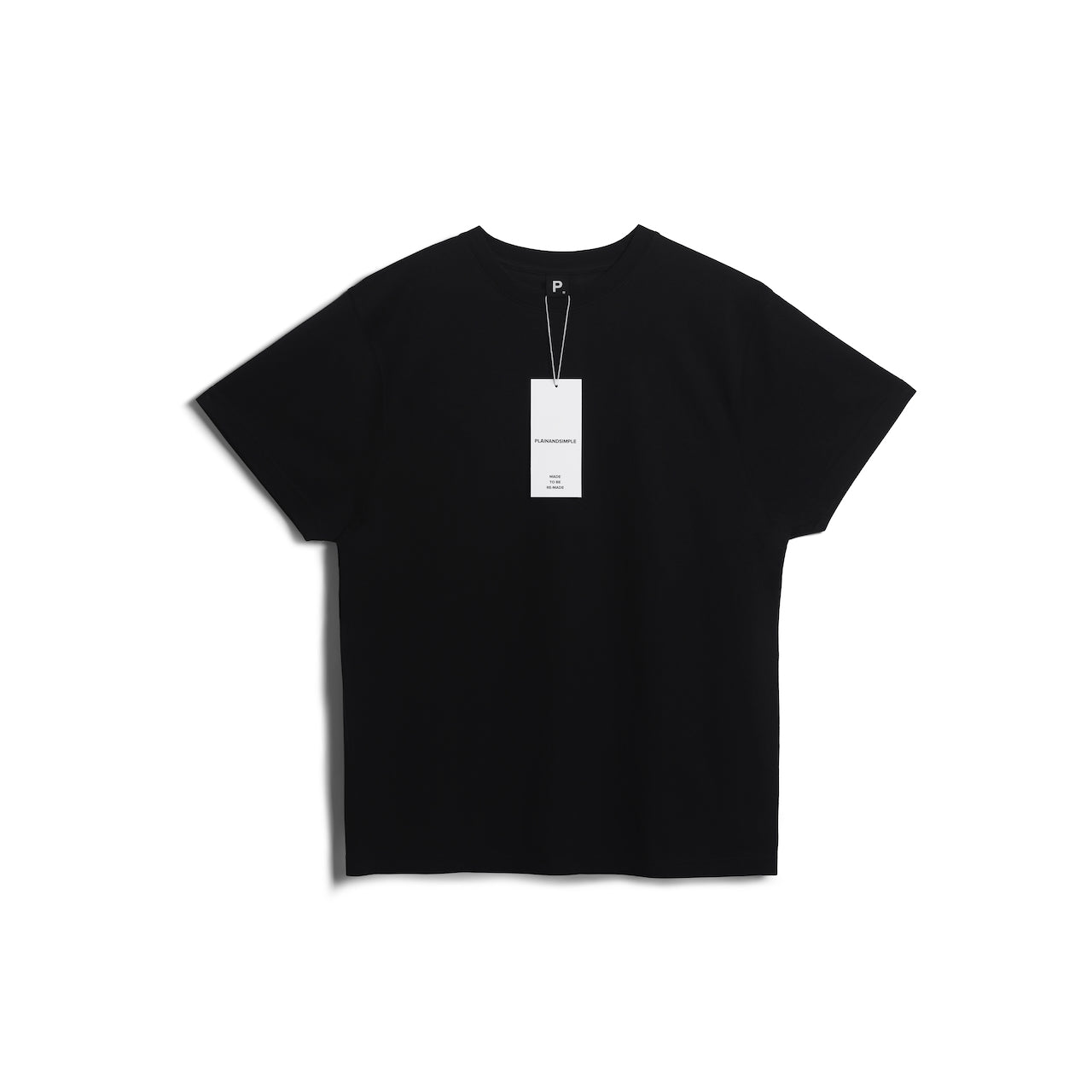 A flatlay of a men's plain black short sleeve crew neck organic cotton t shirt.