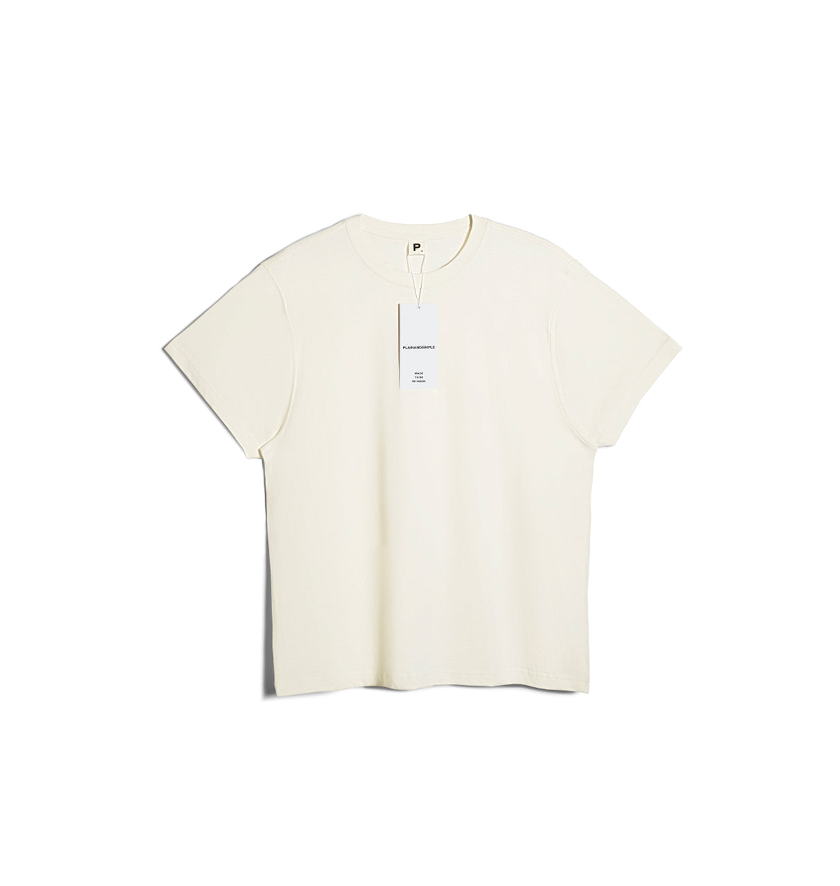 A flatlay of a men's plain ecru short sleeve crew neck organic cotton t shirt.