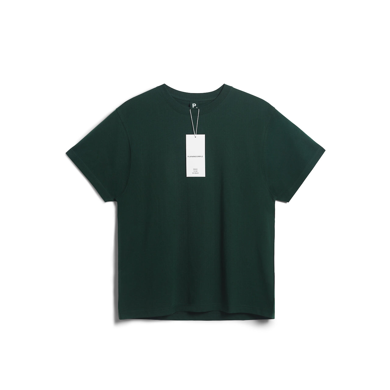 A flatlay of a men's plain green short sleeve crew neck organic cotton t shirt.