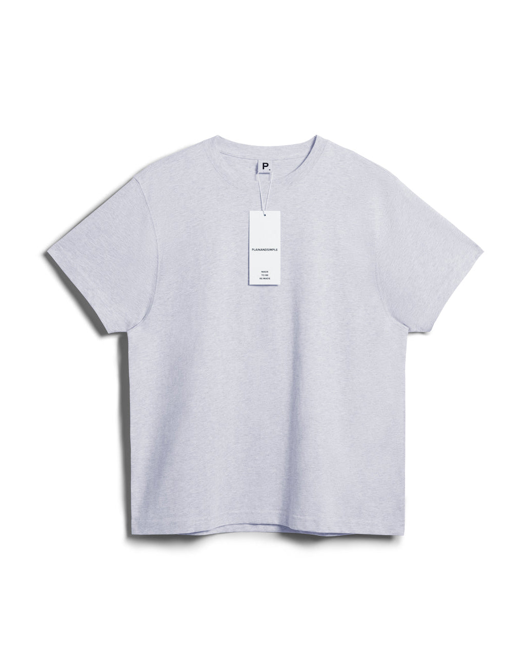 A flatlay of a men's plain grey short sleeve crew neck organic cotton t shirt.