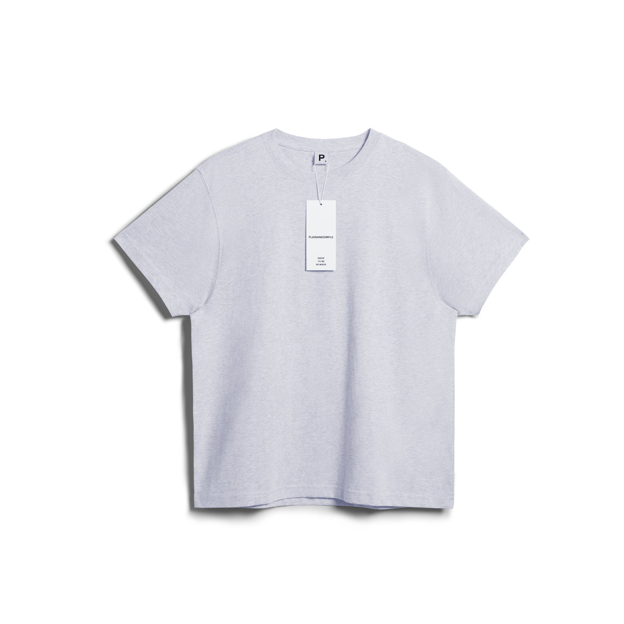 A flatlay of a men's plain grey short sleeve crew neck organic cotton t shirt.