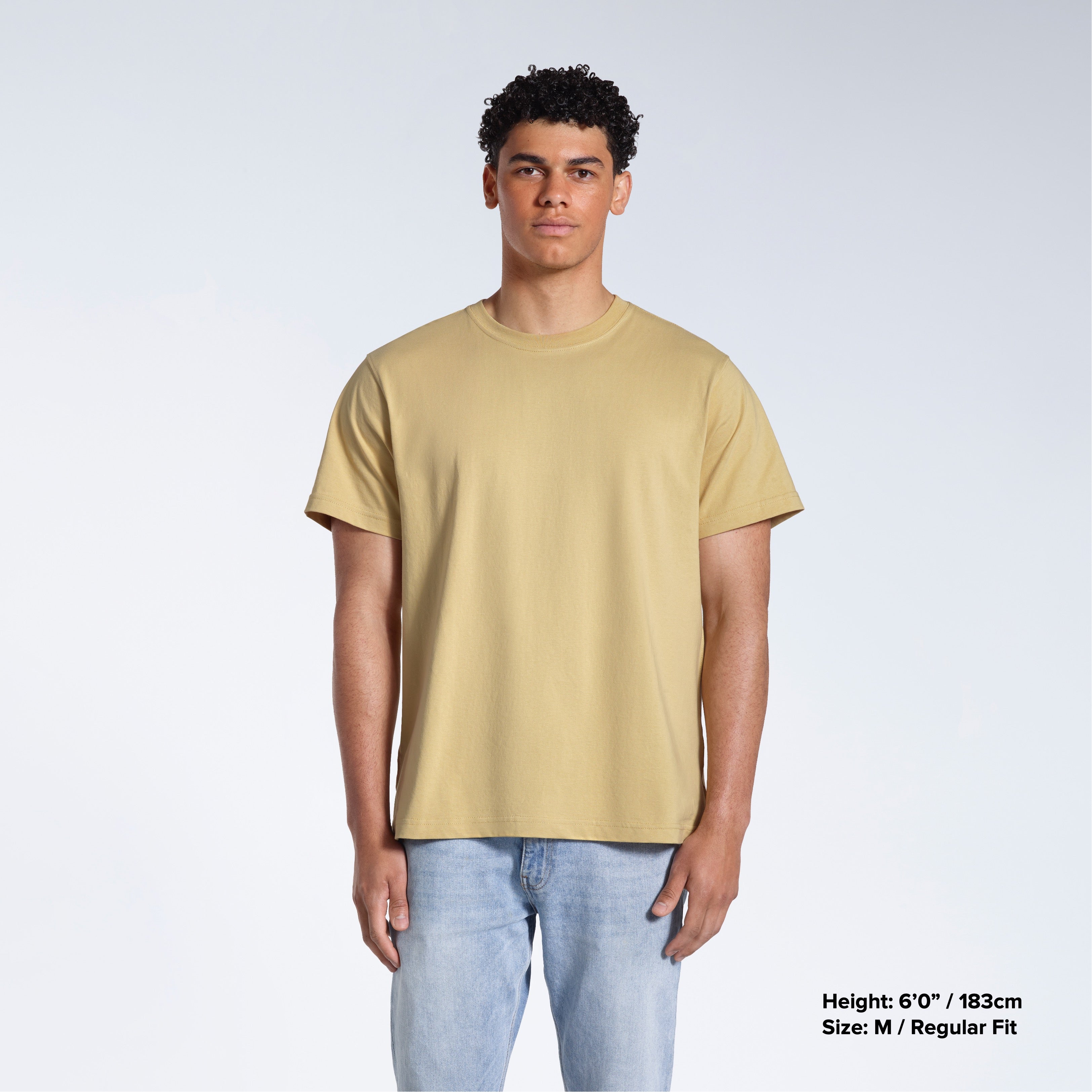 A man facing front on looking into the camera, modelling a plain light khaki short sleeve organic cotton t shirt.