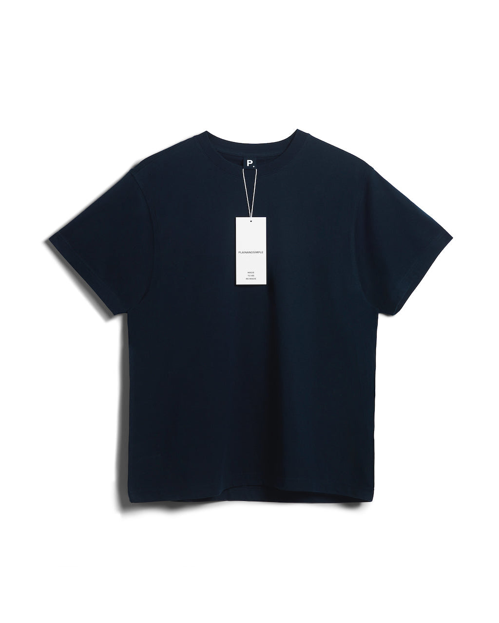 A flatlay of a men's plain navy short sleeve crew neck organic cotton t shirt.
