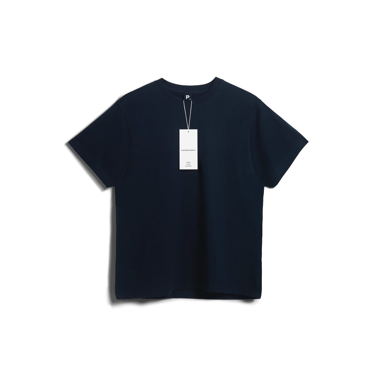 A flatlay of a men's plain navy short sleeve crew neck organic cotton t shirt.