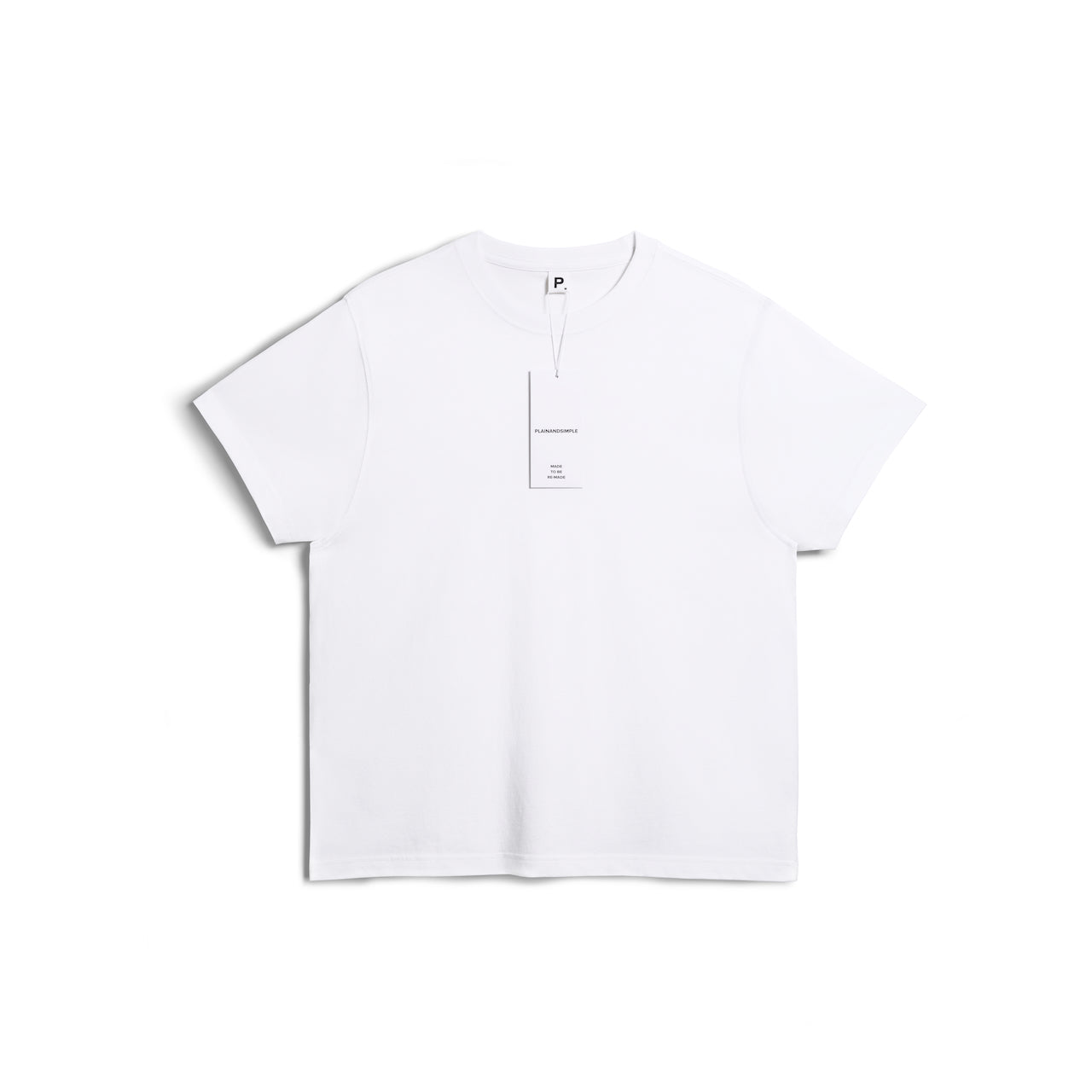 A flatlay of a men's plain white short sleeve crew neck organic cotton t shirt.