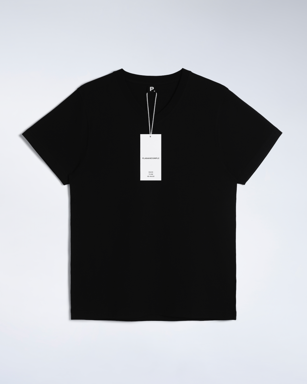 A flatlay of a black, organic cotton, v neck t shirt.