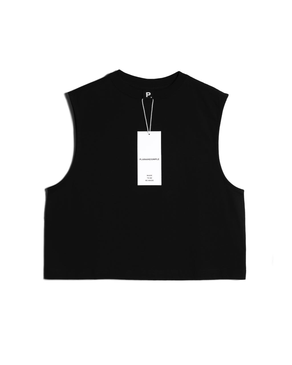 A flatlay of a women's plain black sleeveless organic cotton tank top.