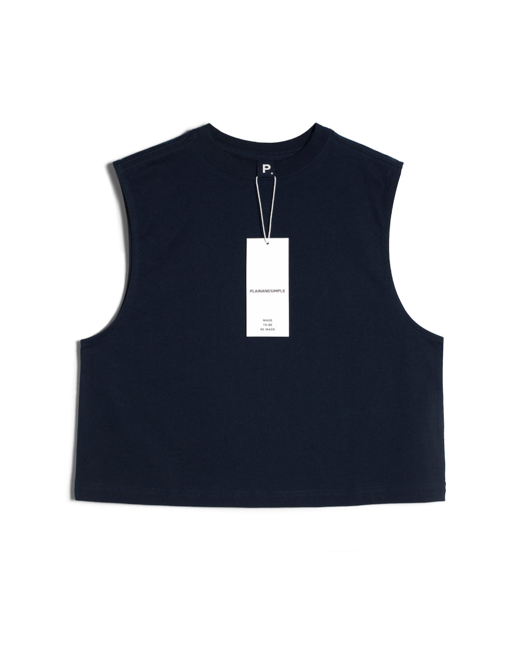 A flatlay of a women's plain navy sleeveless organic cotton tank top.