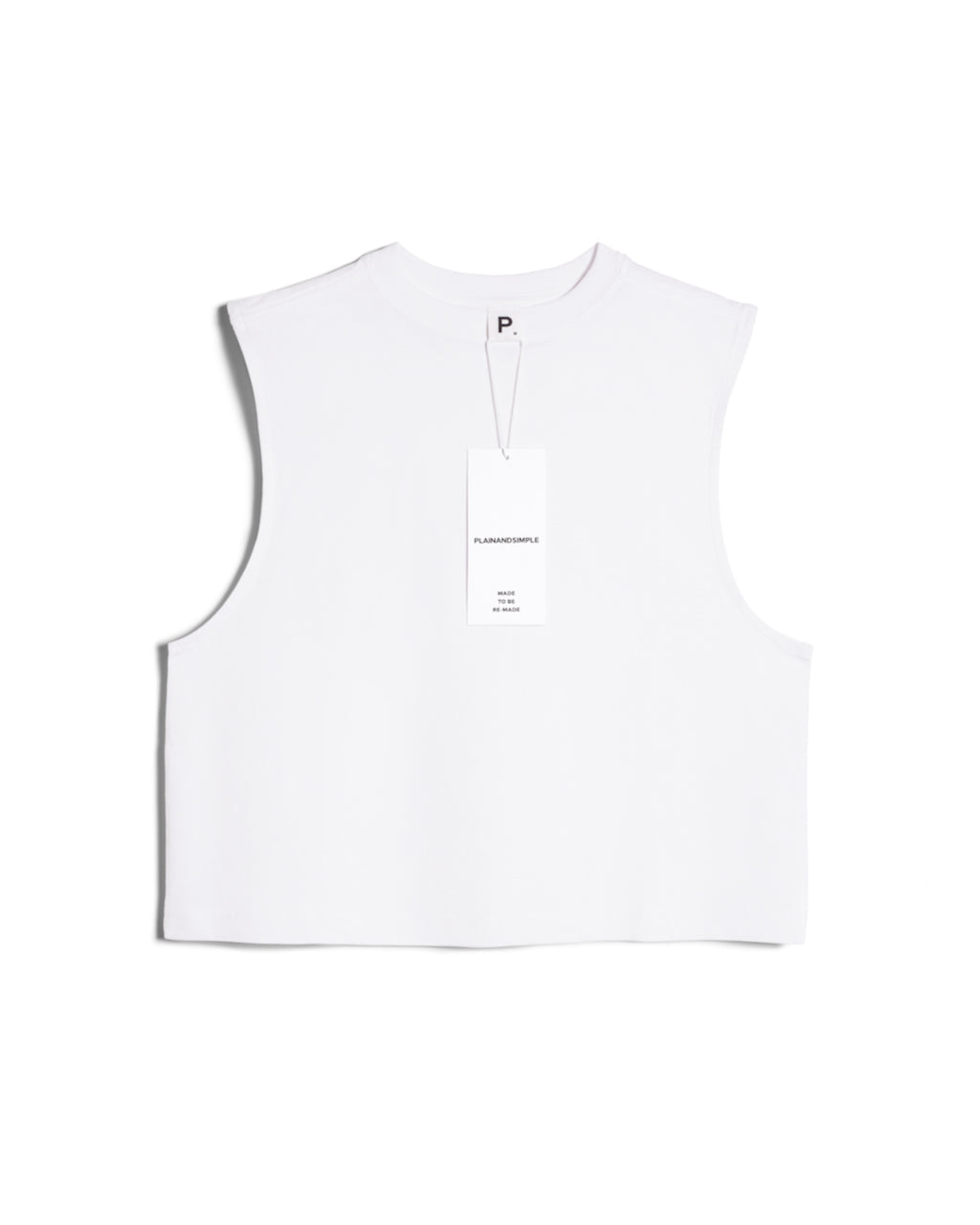 A flatlay of a women's plain white sleeveless organic cotton tank top.