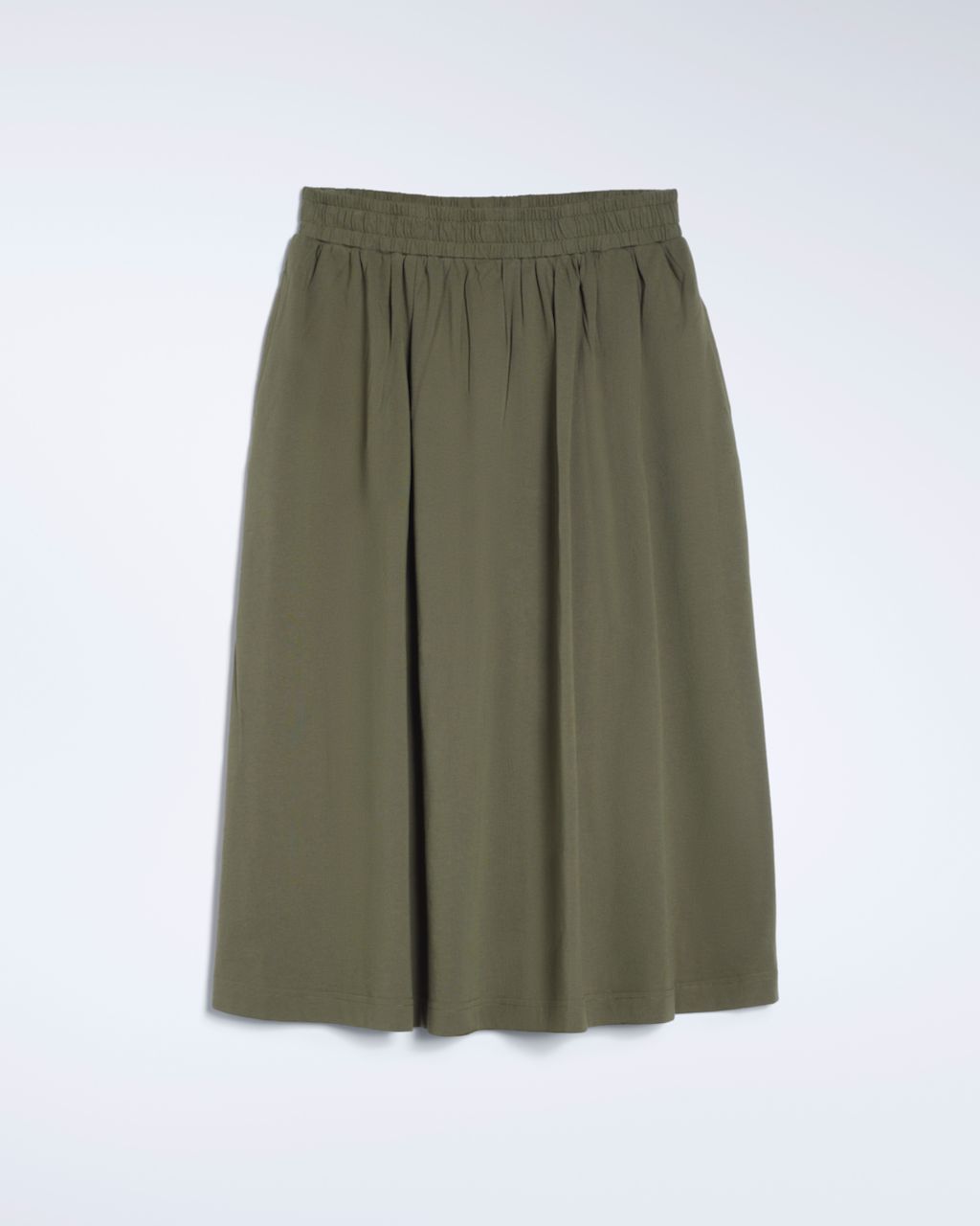 A flatlay of an olive, organic cotton midi skirt.