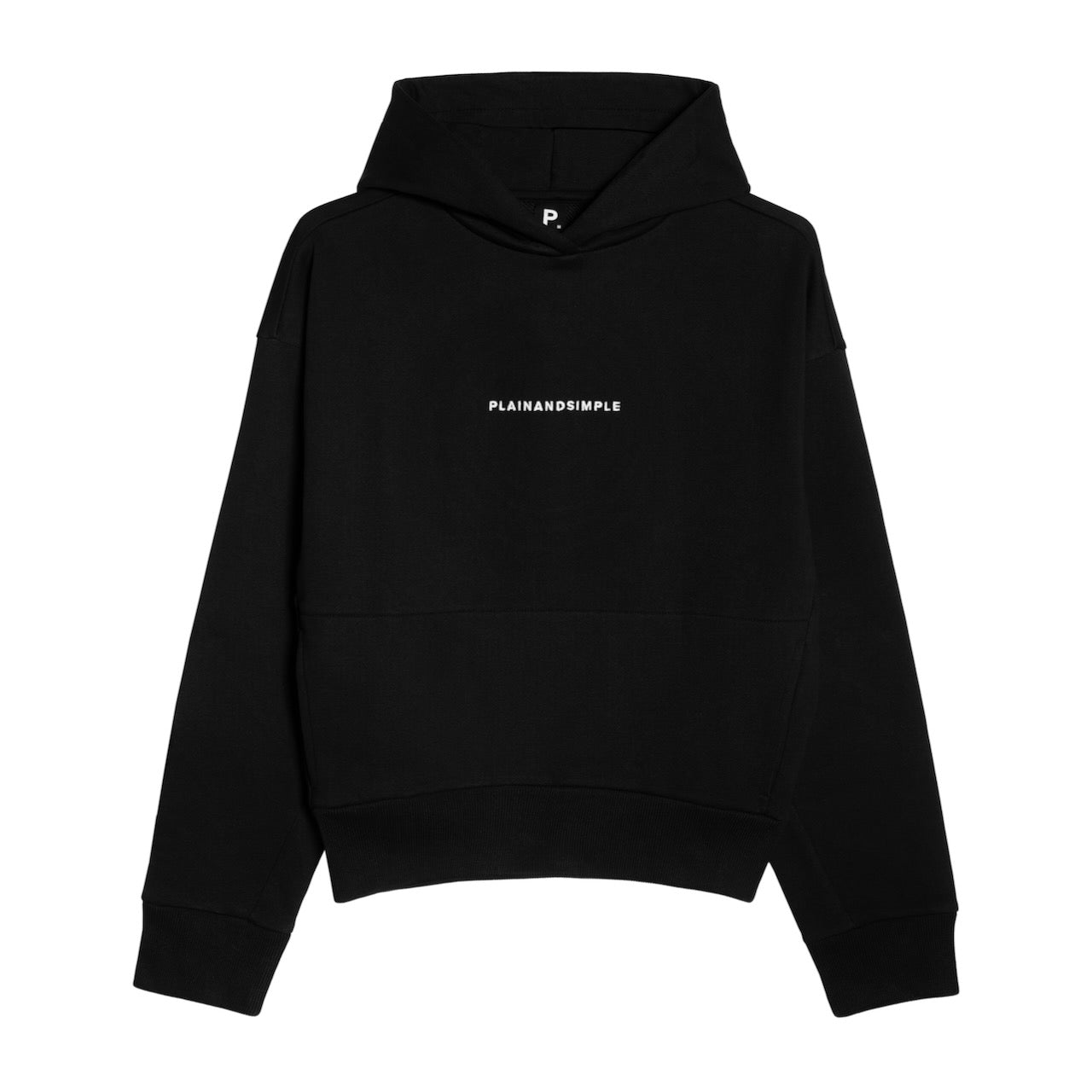 A flatlay of a women's branded black heavyweight organic cotton hoodie.